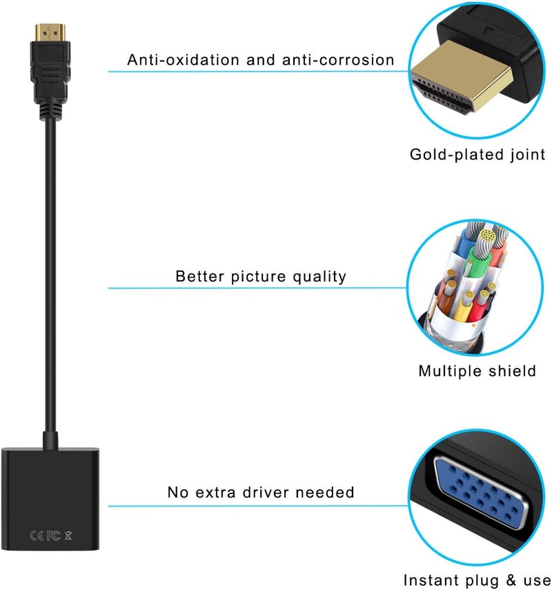 QINGLER محول HDMI إلى VGA، محول HDMI إلى VGA مطلي بالذهب (ذكر إلى أنثى) للكمبيوتر، سطح المكتب، اللابتوب، PC، الشاشة، البروجيكتور، HDTV، Chromebook، Raspberry Pi، Roku، Xbox والمزيد - أسود، 3 عبوات - Image 3